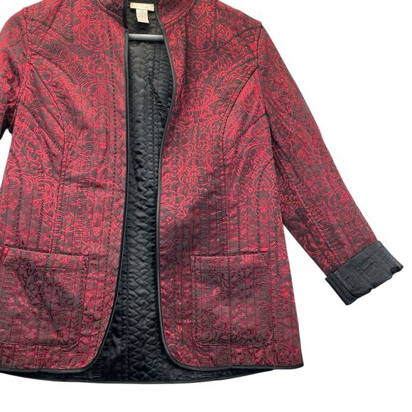 Chicos Red Black Jacquard Blazer Jacket Size O-8 Open Cardigan - Picture 3 of 11